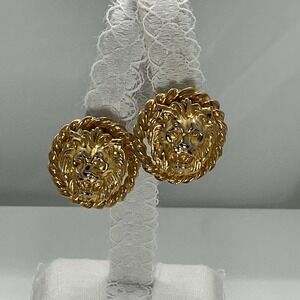 Vtg 80's Bold Statement Gold Tone Lion's Head Pierced Earrings Old Money Power